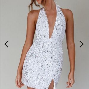 Selfie Leslie Zurie Plunging Halter Mini Dress Sequin White (Small)